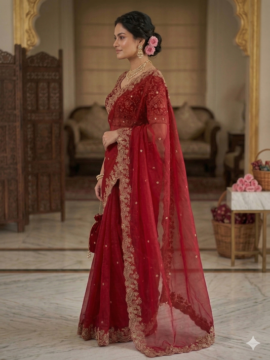 FENDY SATIN SAREE - Royal Red Elegance
