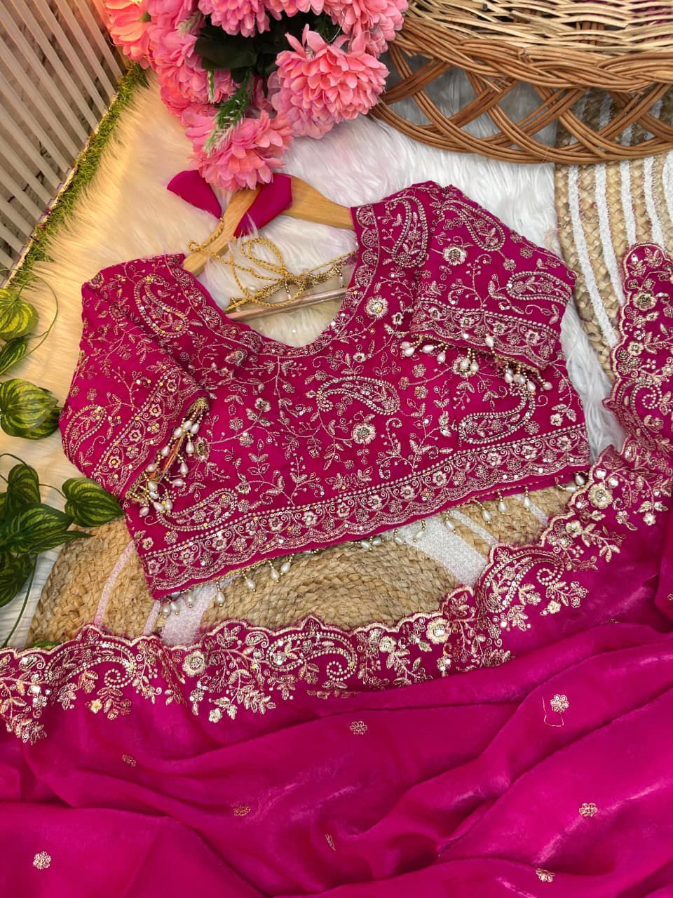DESIGNER FENDY SATIN SAREE - FUCHSIA PINK