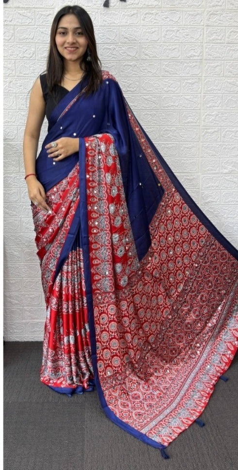 Mirror Work Satin Saree – Royal Partywear Elegance