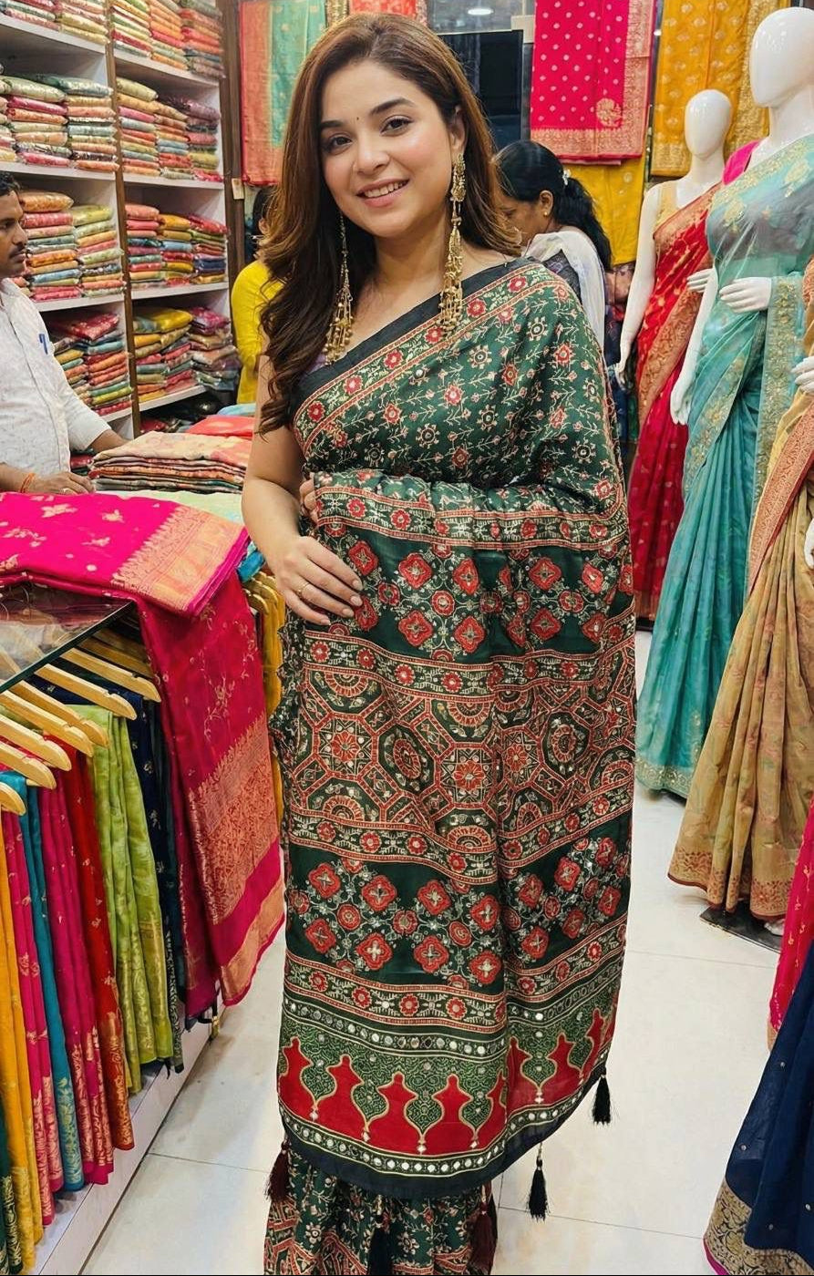 Urbanadaa Luxe Edition: Roman Cotton Ajrakh Print Saree with Real Mirror Work
