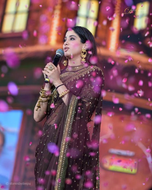 Urbanadaa's Celebrity-Inspired Designer Saree with Embroidered Corset Blouse