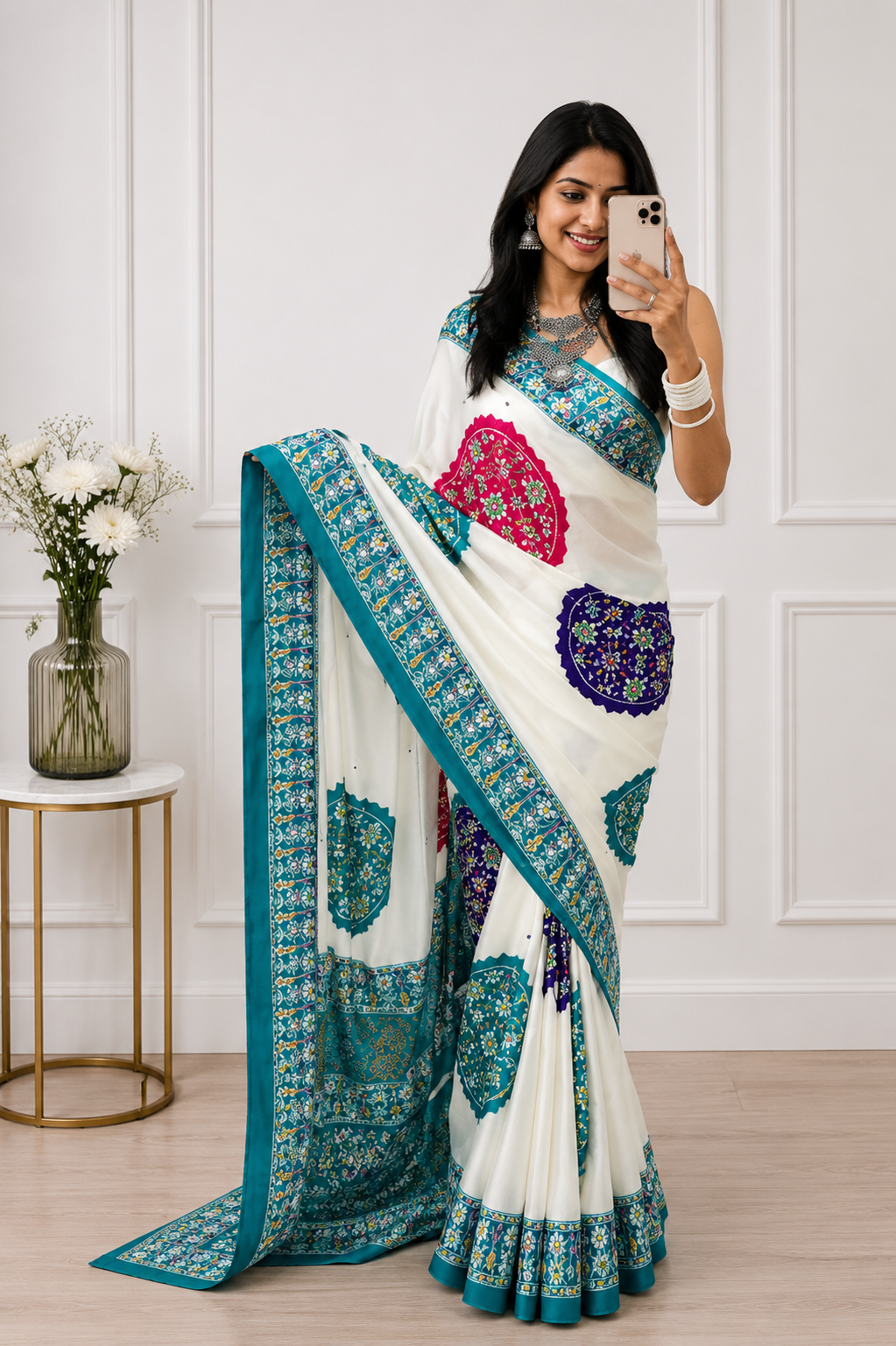 Urbanadaa Gaji Modal Satin Saree – Heritage-Inspired Circular Motif Traditional Saree for Women