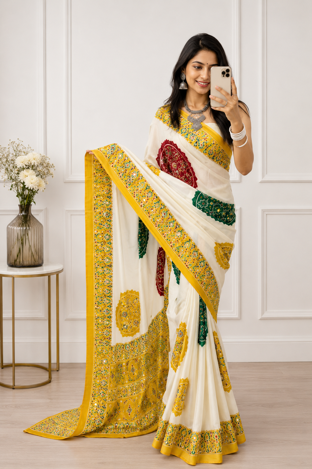 Urbanadaa Gaji Modal Satin Saree – Heritage-Inspired Circular Motif Traditional Saree for Women