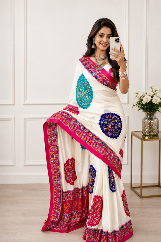 Urbanadaa Gaji Modal Satin Saree – Heritage-Inspired Circular Motif Traditional Saree for Women