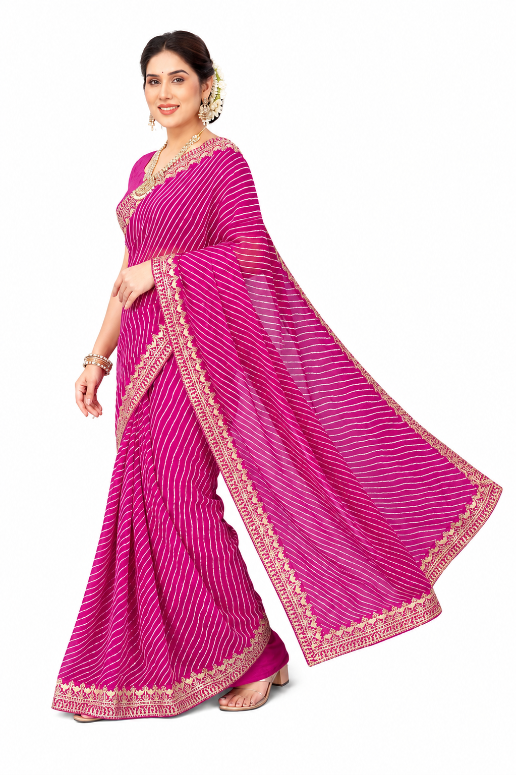 Urbanadaa Lahriya Printed Georgette Saree for Women with Elegant Embroidery Lace and Banglori Silk Blouse