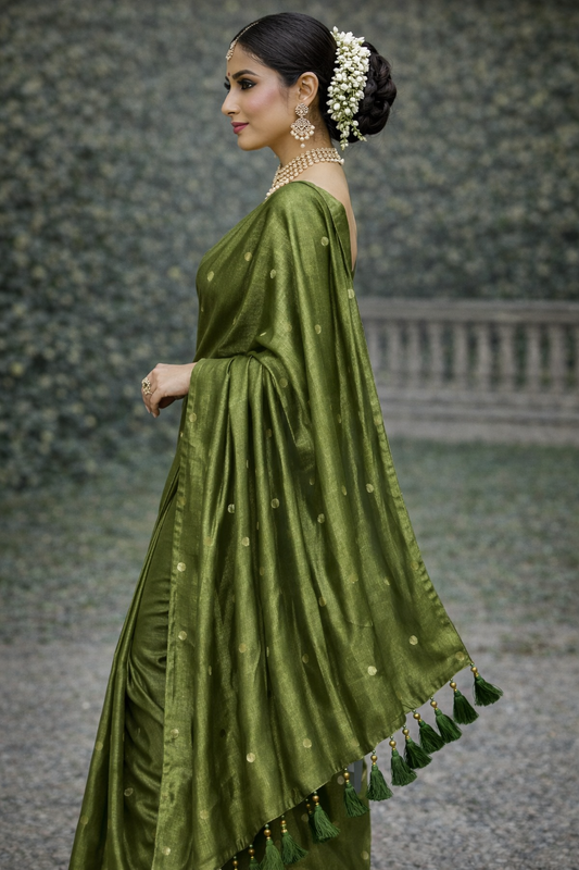 VIRAL RAGA TISSUE SAREE - OLIVE GREEN