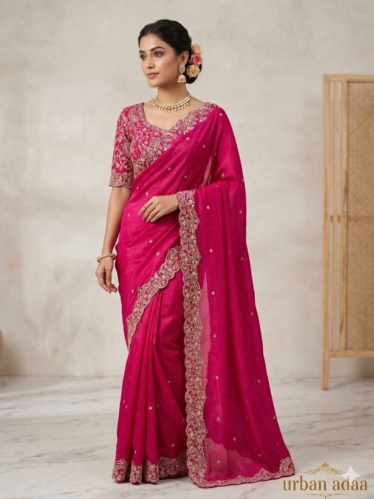 DESIGNER FENDY SATIN SAREE - FUCHSIA PINK