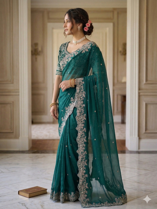 DESIGNER FENDY SATIN SAREE - TEAL GREEN
