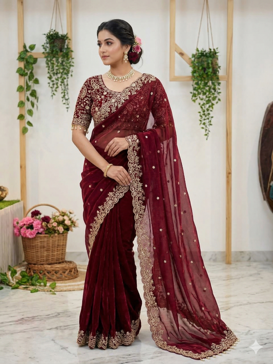 DESIGNER FENDY SATIN SAREE - MAROON