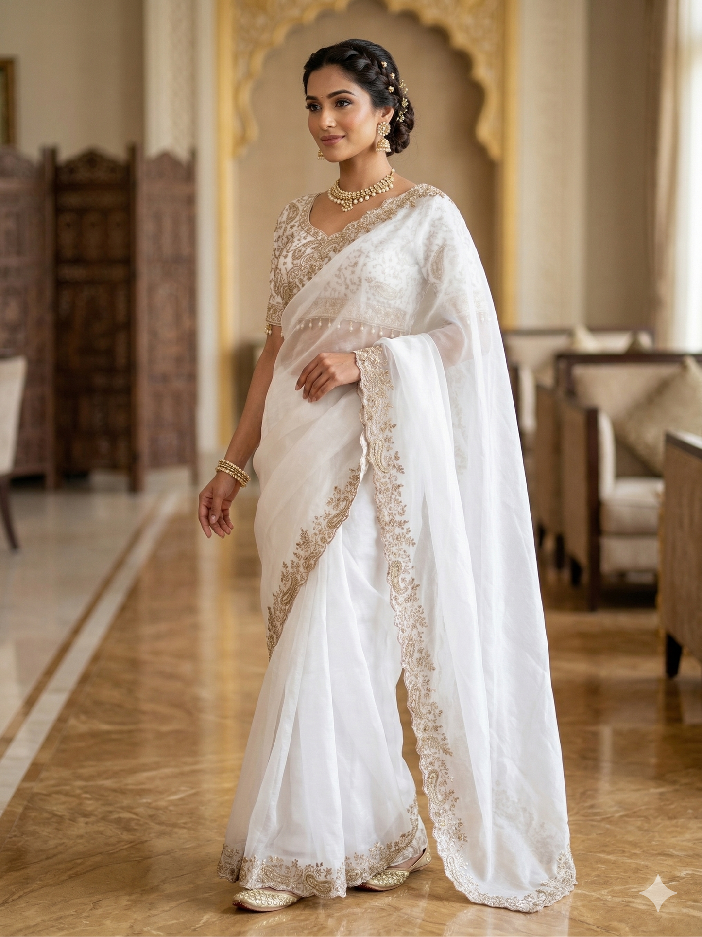 DESIGNER FENDY SATIN SAREE - WHITE