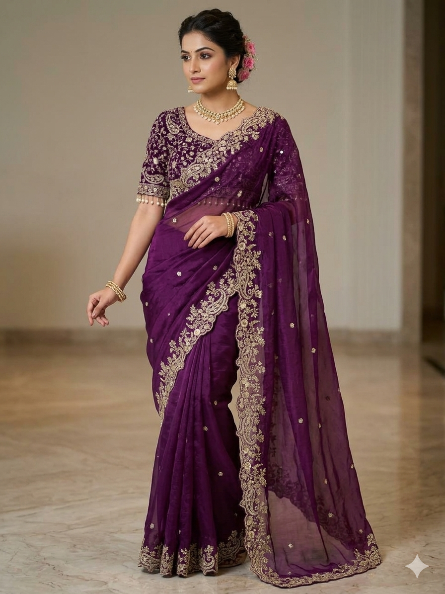 DESIGNER FENDY SATIN SAREE - PURPLE