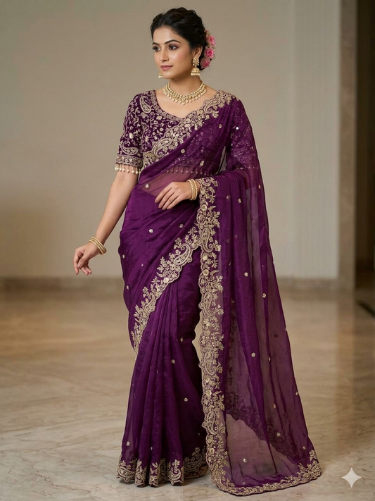 DESIGNER FENDY SATIN SAREE - PURPLE