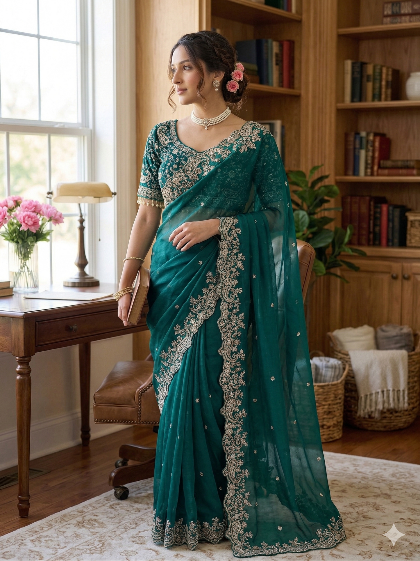 DESIGNER FENDY SATIN SAREE - TEAL GREEN
