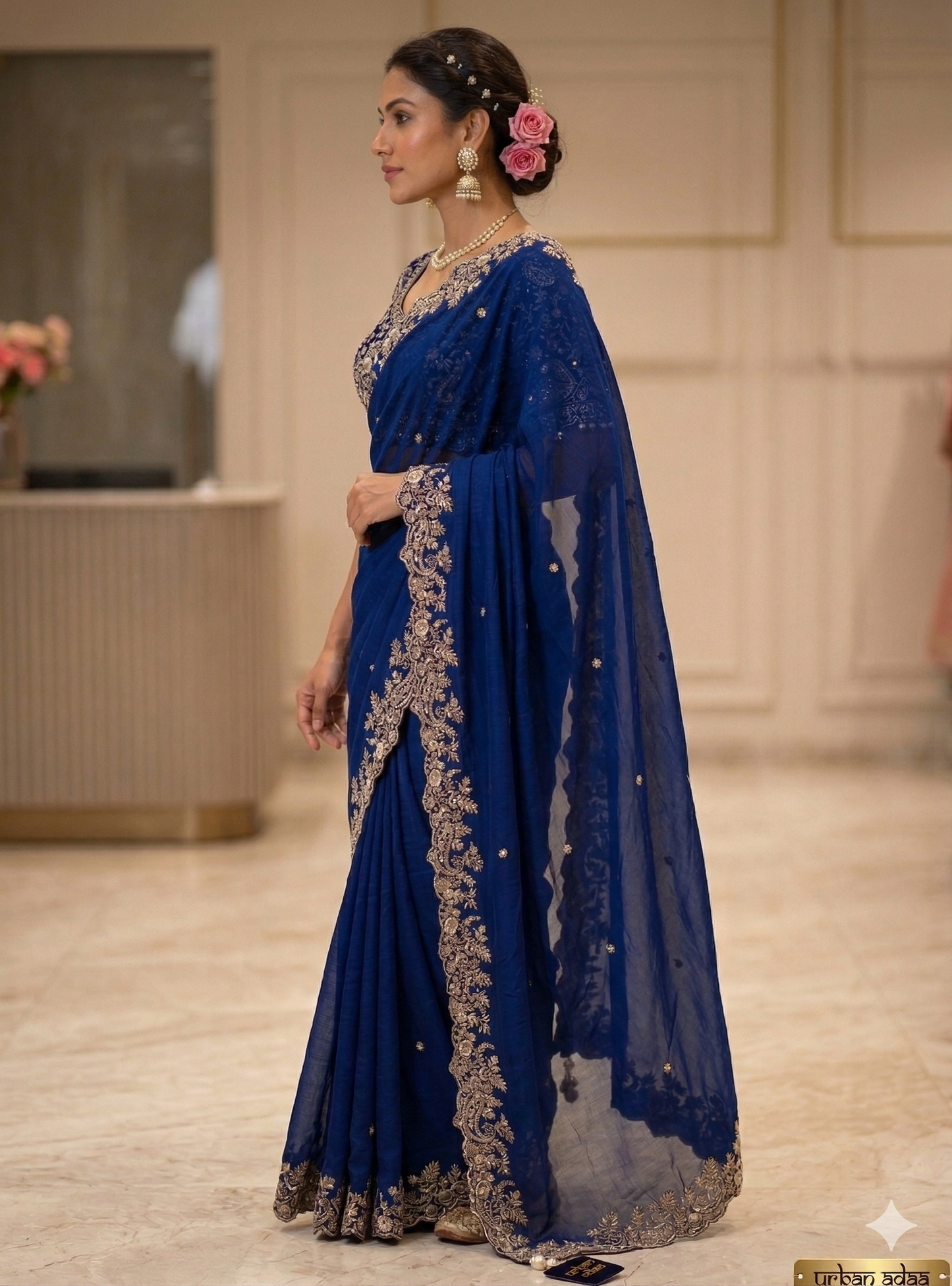 DESIGNER FENDY SATIN SAREE - ROYAL BLUE