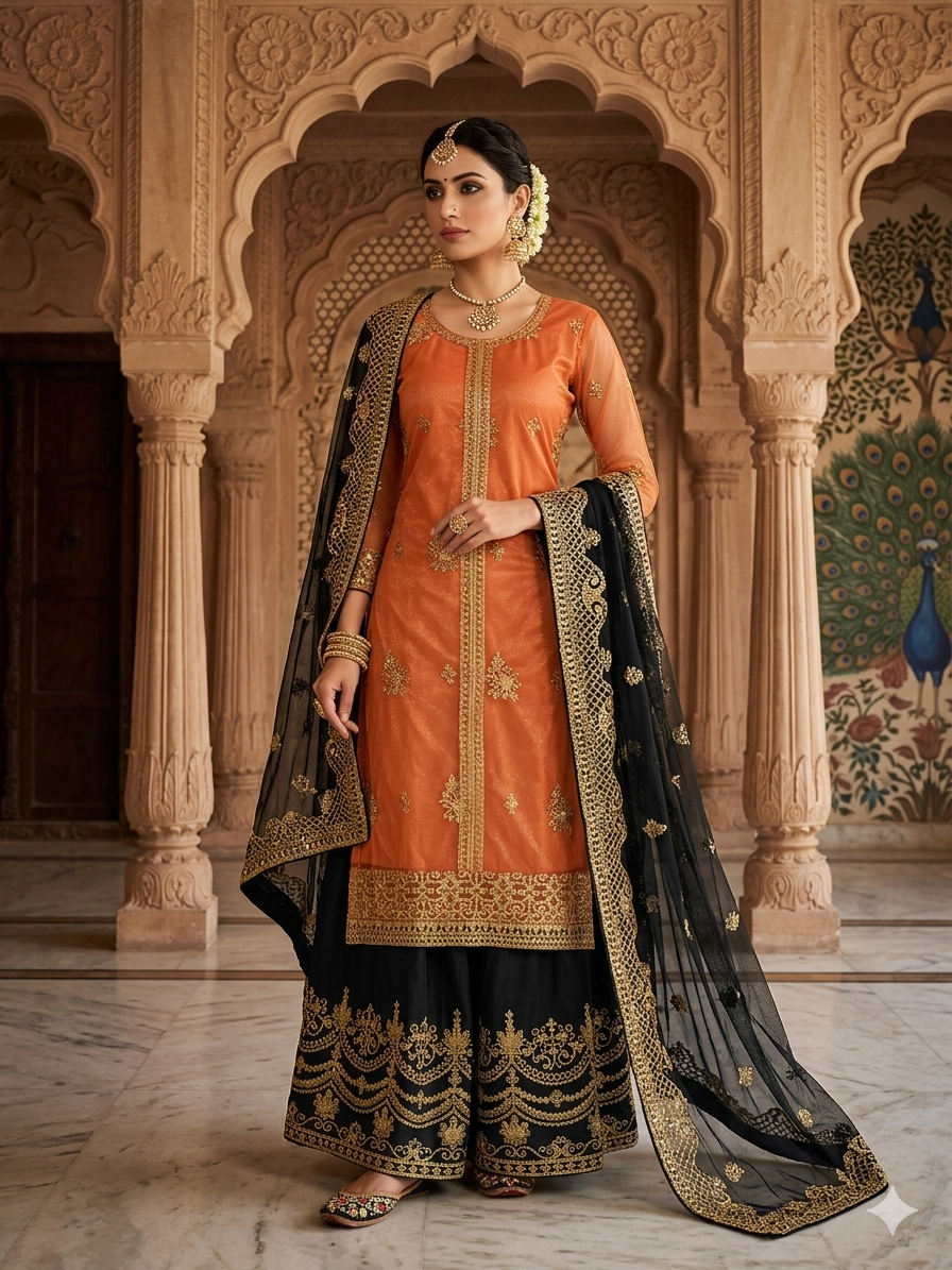TWILL NET KURTI, PLAZZO & DUPATTA SET
