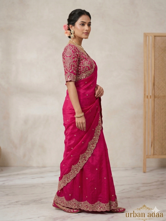 DESIGNER FENDY SATIN SAREE - FUCHSIA PINK