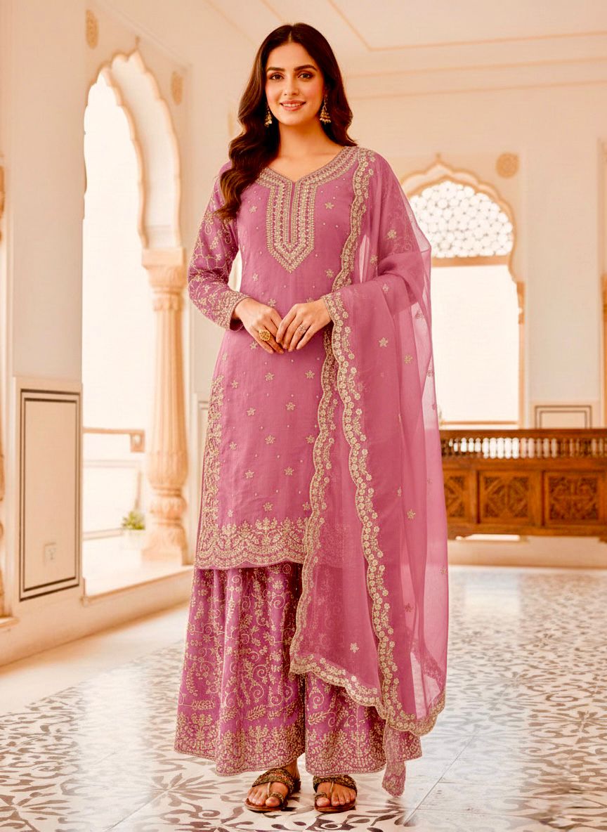 PREMIUM DESIGNER READYMADE TOP PLAZZO - PINK
