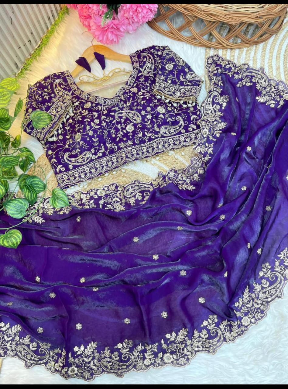 DESIGNER FENDY SATIN SAREE - ROYAL BLUE