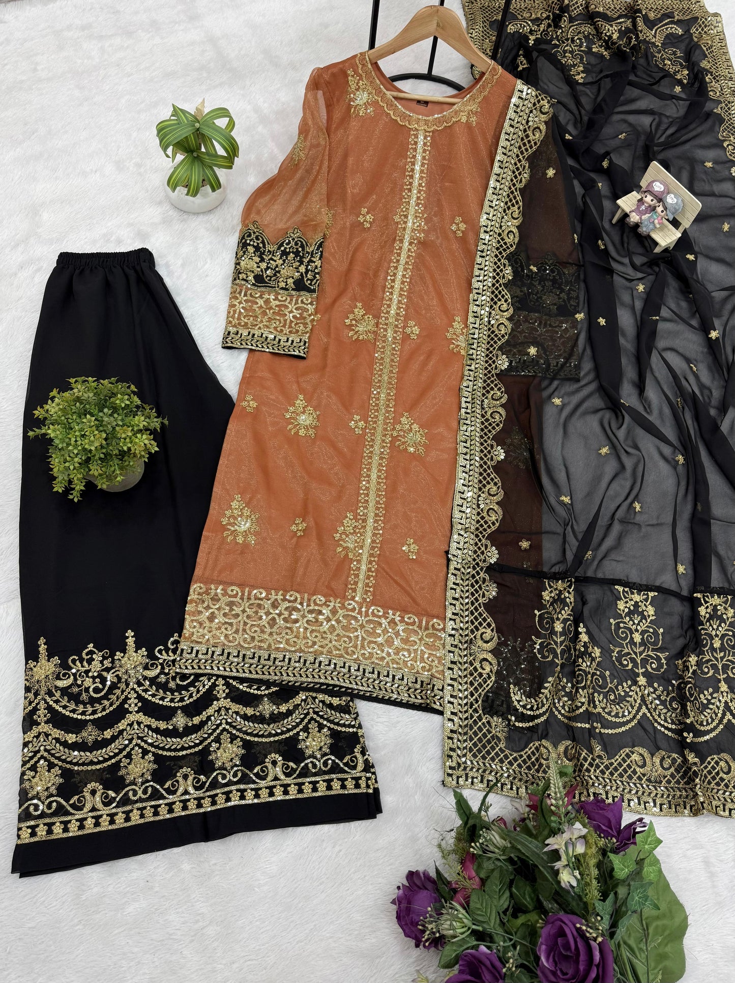 TWILL NET KURTI, PLAZZO & DUPATTA SET