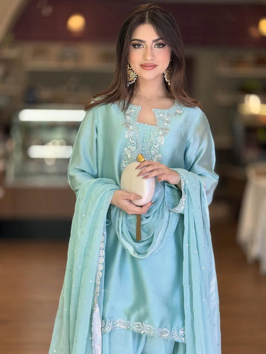 DESIGNER GLASS SATIN TOP WITH FARSHI PALAZZO SET