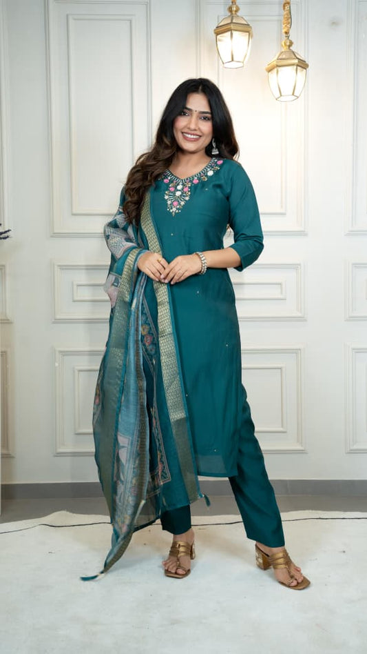 DESIGNER KURTI PANT DUPATTA SET – ROMAN SILK