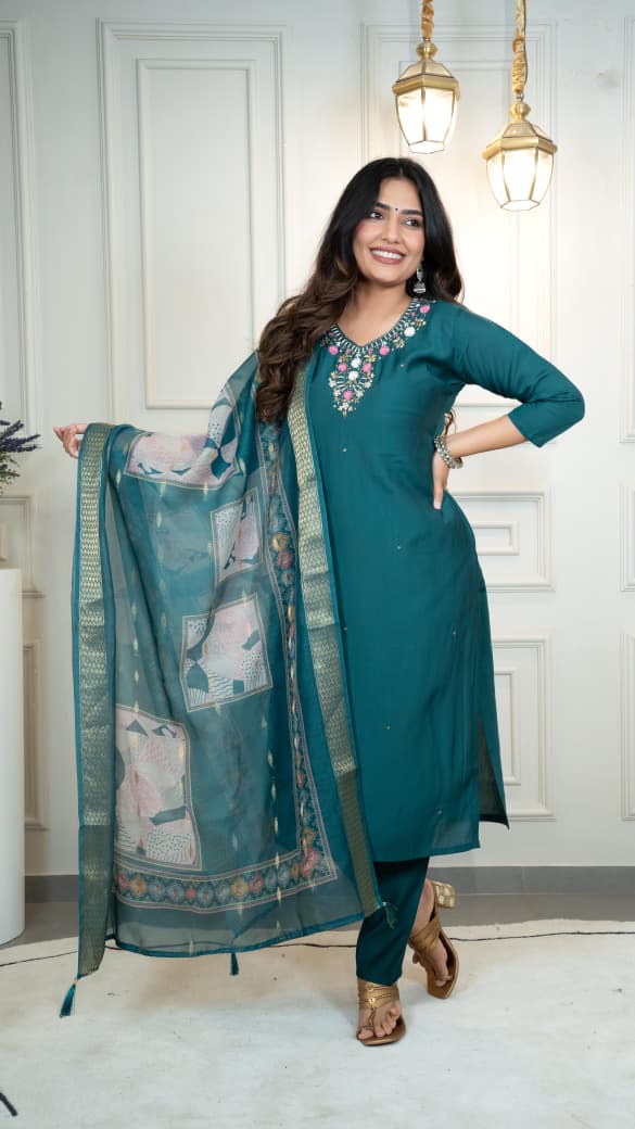 DESIGNER KURTI PANT DUPATTA SET – ROMAN SILK