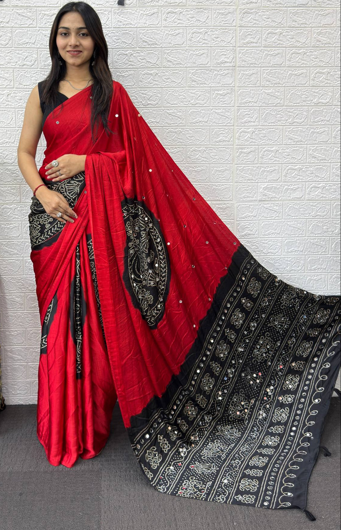Mirror Work Satin Saree – Royal Partywear Elegance