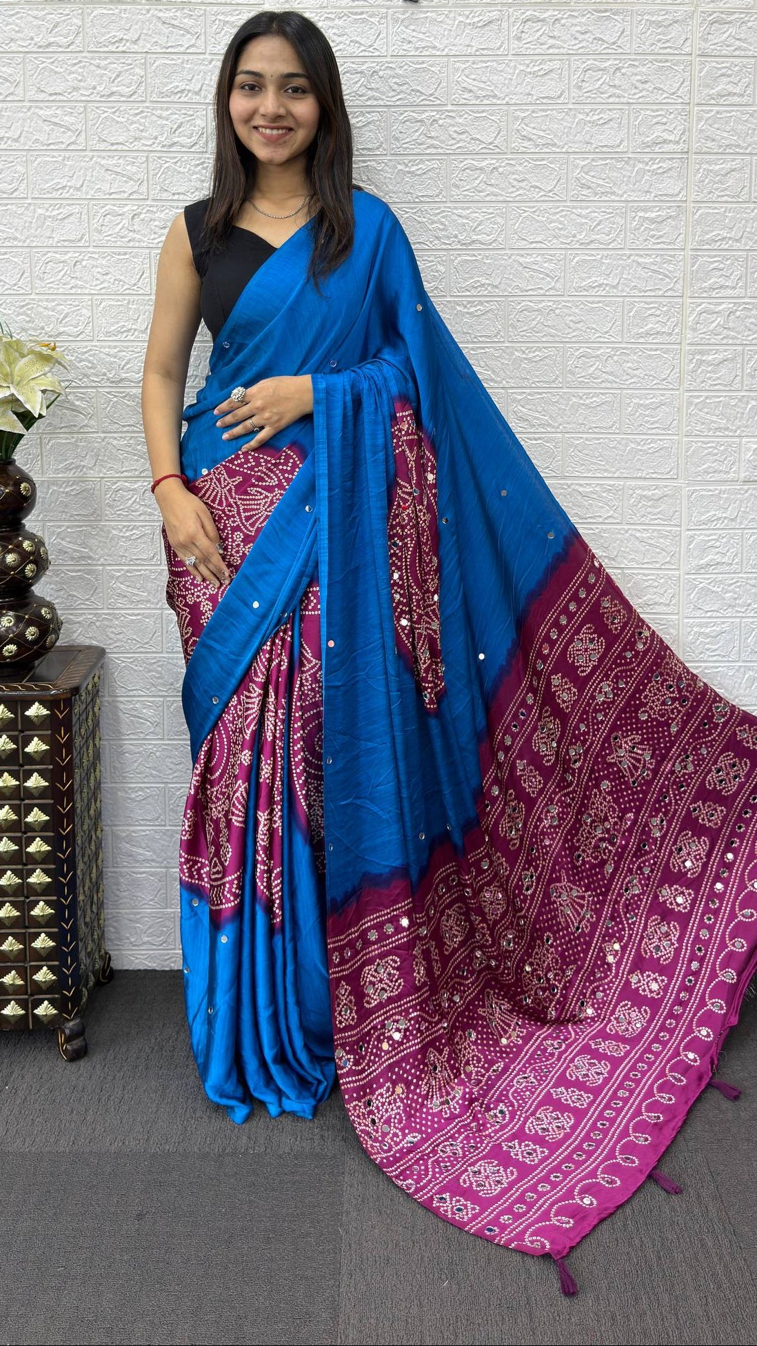 Mirror Work Satin Saree – Royal Partywear Elegance