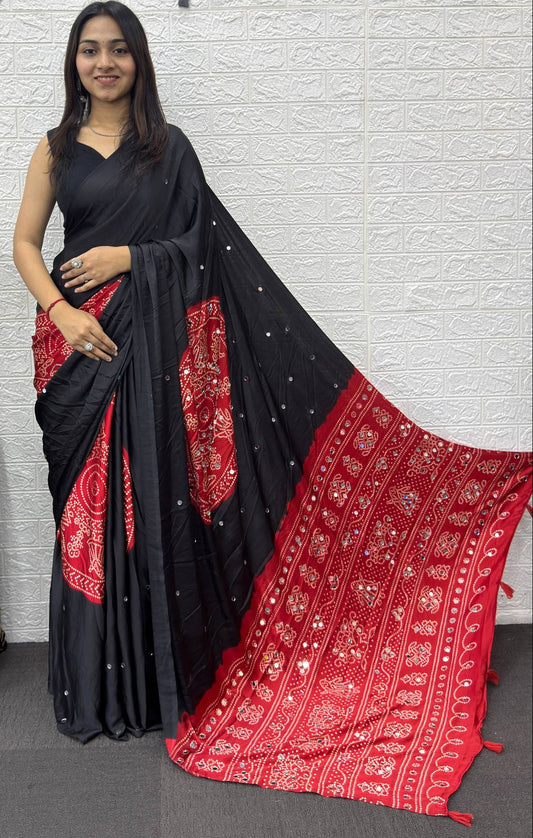 Mirror Work Satin Saree – Royal Partywear Elegance