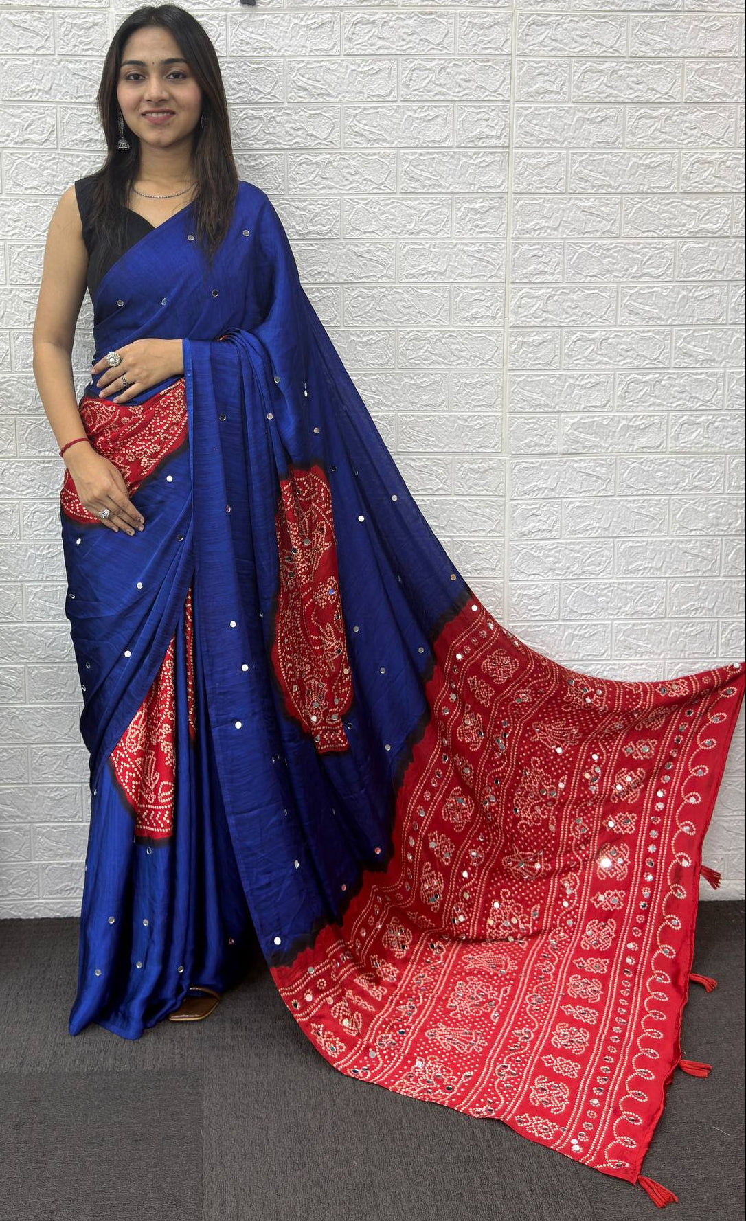 Mirror Work Satin Saree – Royal Partywear Elegance