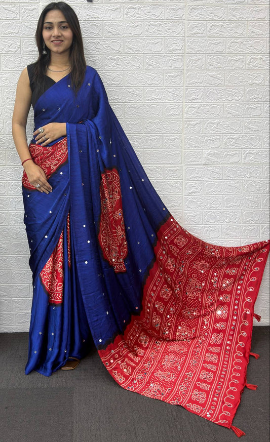 Mirror Work Satin Saree – Royal Partywear Elegance