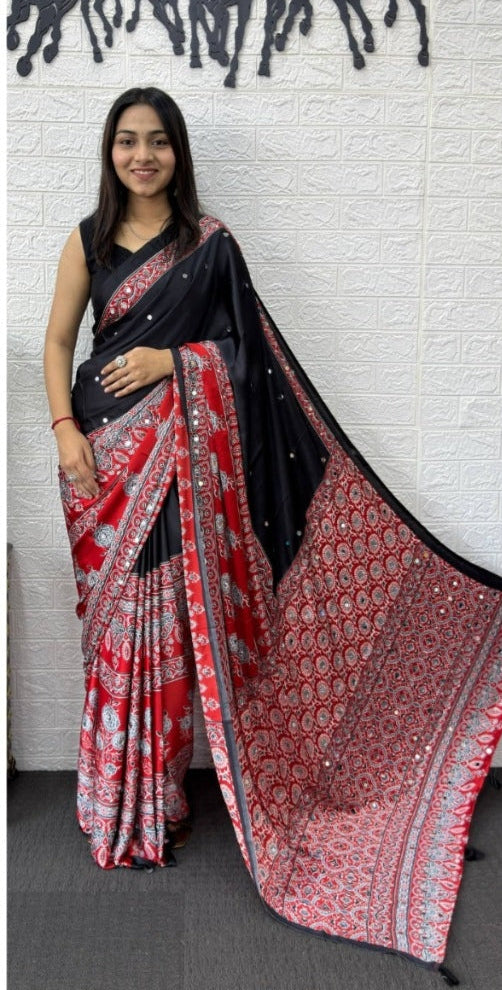 Mirror Work Satin Saree – Royal Partywear Elegance