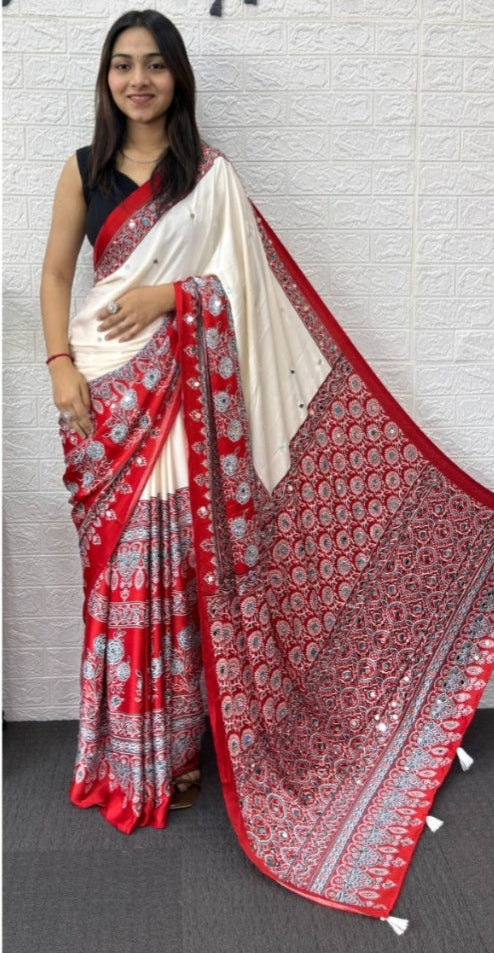 Mirror Work Satin Saree – Royal Partywear Elegance