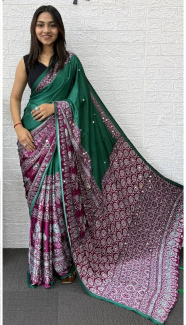 Mirror Work Satin Saree – Royal Partywear Elegance