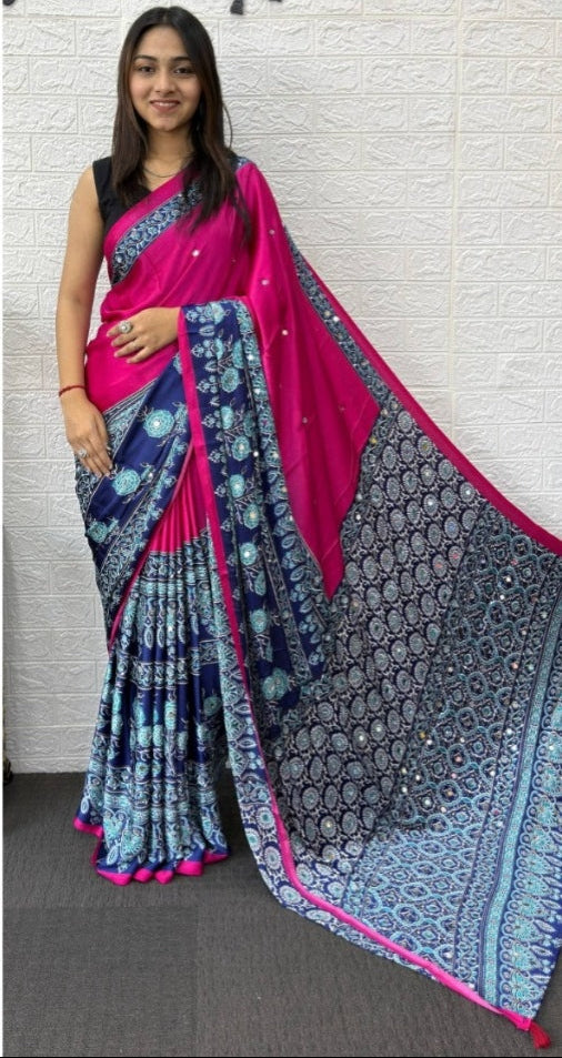 Mirror Work Satin Saree – Royal Partywear Elegance