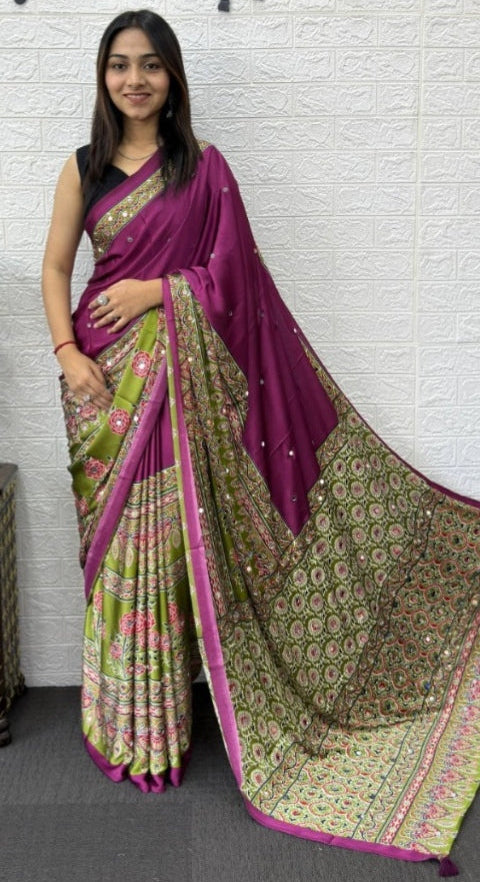 Mirror Work Satin Saree – Royal Partywear Elegance
