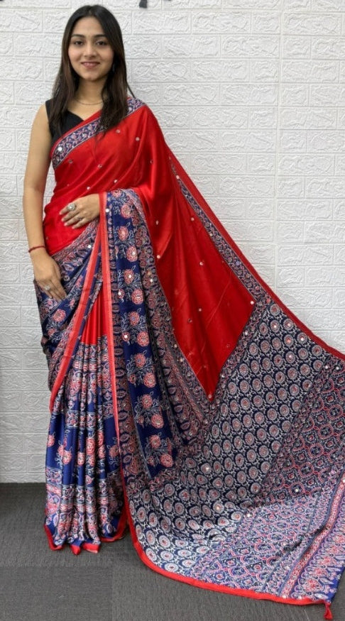 Mirror Work Satin Saree – Royal Partywear Elegance