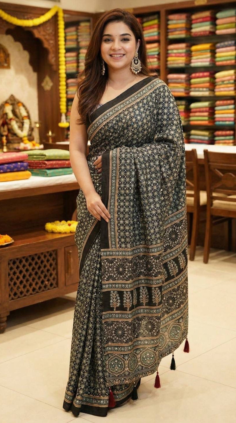 Urbanadaa Luxe Edition: Roman Cotton Ajrakh Print Saree with Real Mirror Work