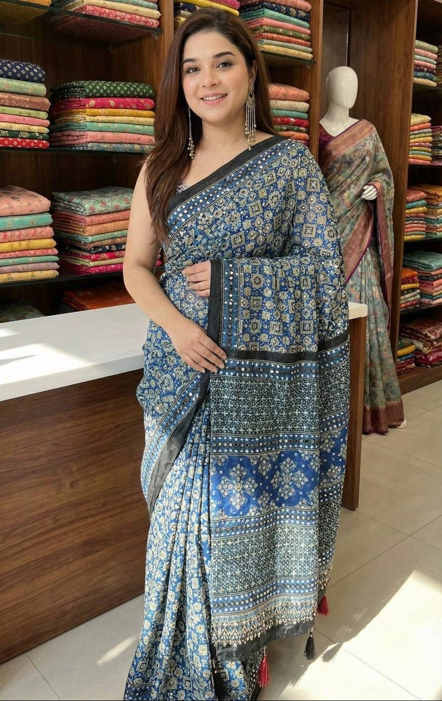 Urbanadaa Luxe Edition: Roman Cotton Ajrakh Print Saree with Real Mirror Work