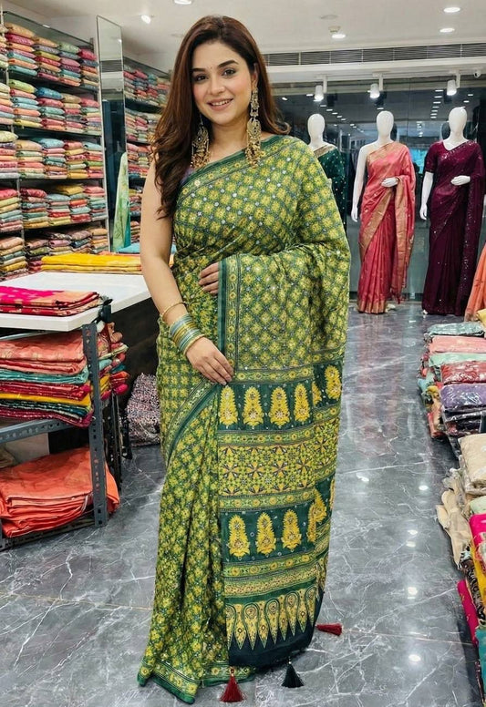 Urbanadaa Luxe Edition: Roman Cotton Ajrakh Print Saree with Real Mirror Work