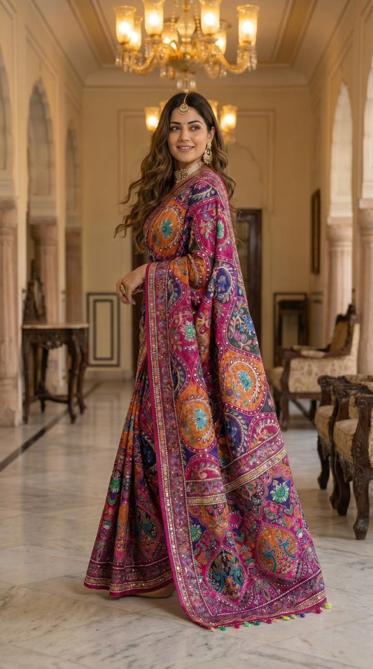 Urbanadaa Trending | Roman Silk Ajrakh Print Saree with Real Mirror Work