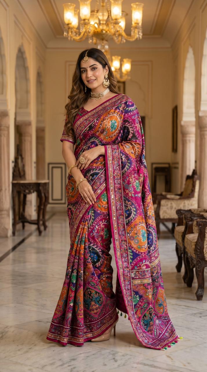 Urbanadaa Trending | Roman Silk Ajrakh Print Saree with Real Mirror Work