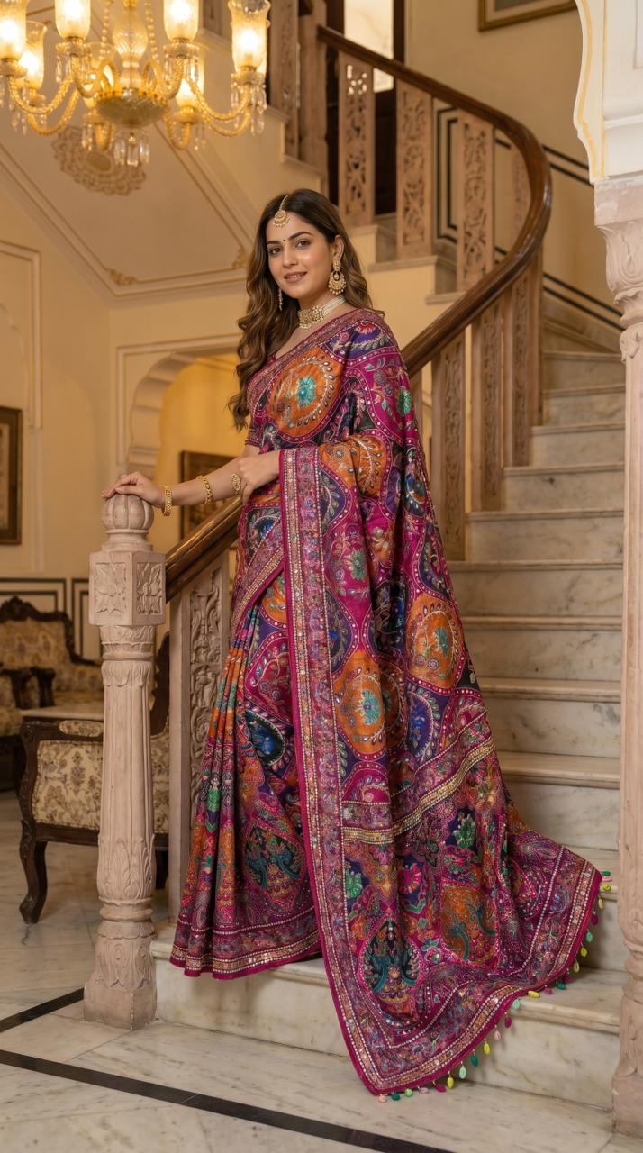 Urbanadaa Trending | Roman Silk Ajrakh Print Saree with Real Mirror Work