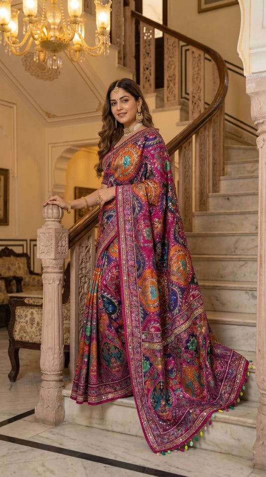 Urbanadaa Trending | Roman Silk Ajrakh Print Saree with Real Mirror Work