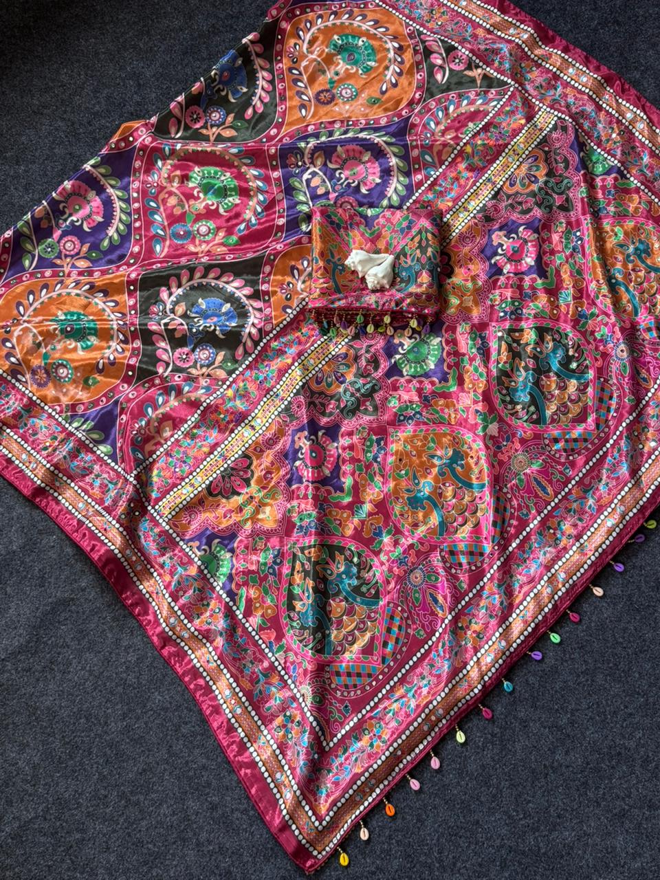 Urbanadaa Trending | Roman Silk Ajrakh Print Saree with Real Mirror Work