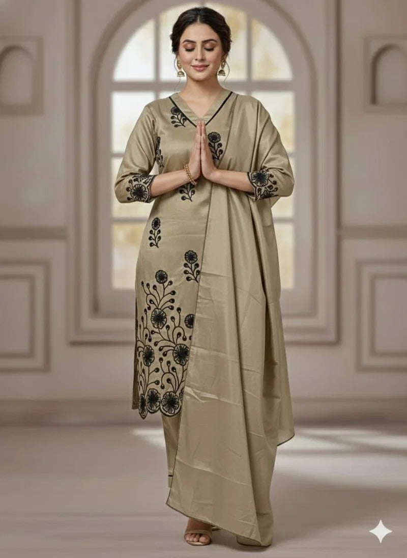 Urbanadaa Signature BS-146 | Embroidered Art Silk Kurti Set with Pant & Dupatta