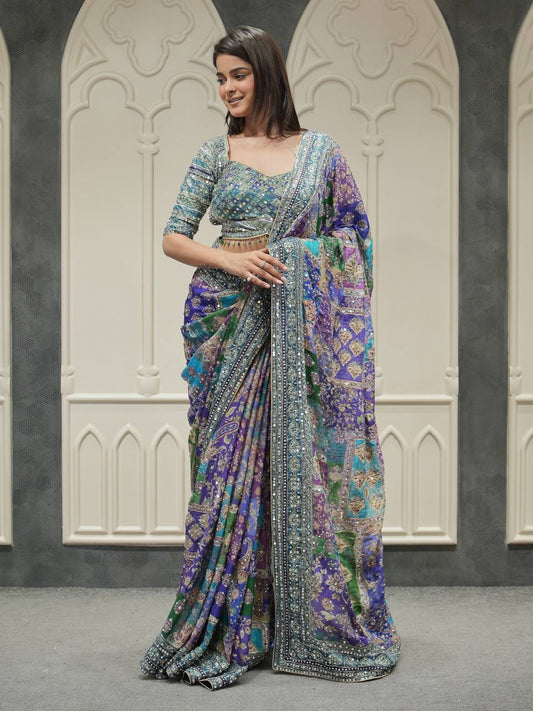 Urbanadaa Trending | Soft Chinnion Saree with Hand-Mirror & Gold Zari
