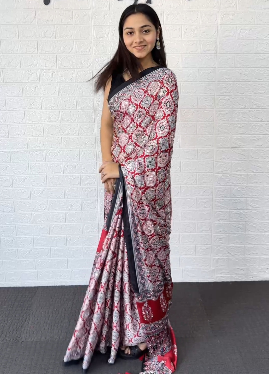 Mirror Work Satin Saree – Royal Partywear Elegance