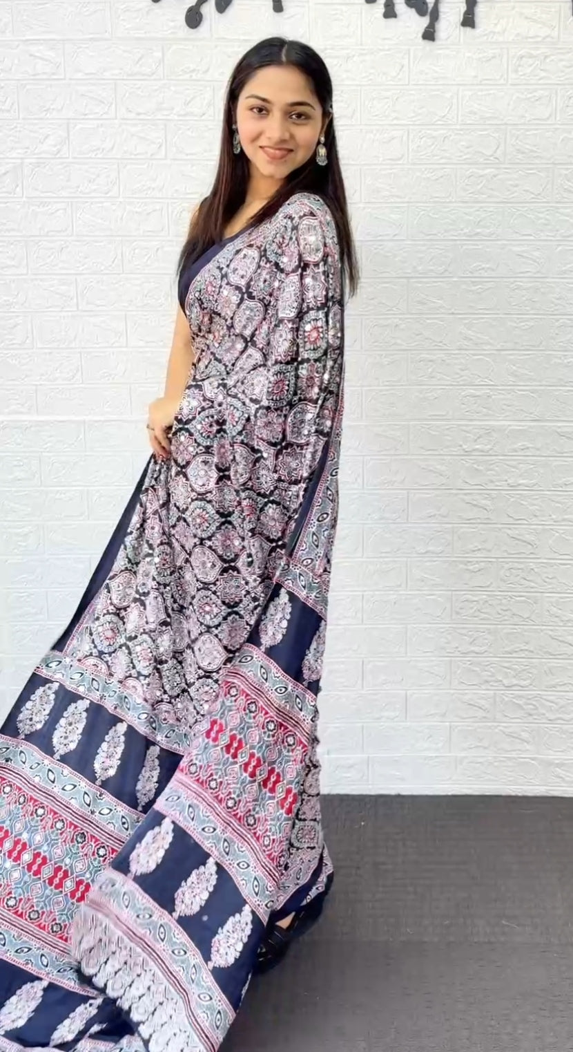 Mirror Work Satin Saree – Royal Partywear Elegance