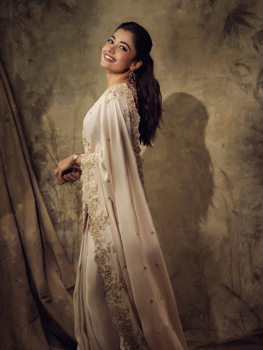 The Rashmika Mandanna Inspired Off-White Silk Saree